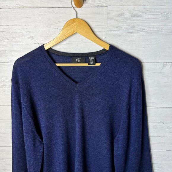 Calvin Klein Sweater Mens Size XL Navy 100% Extra Fine Merino Wool V Neck - Picture 7 of 16